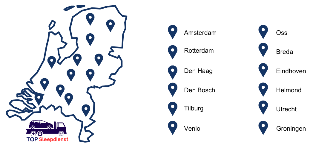 Een kaart van het werkgebied van Topsleepdienst